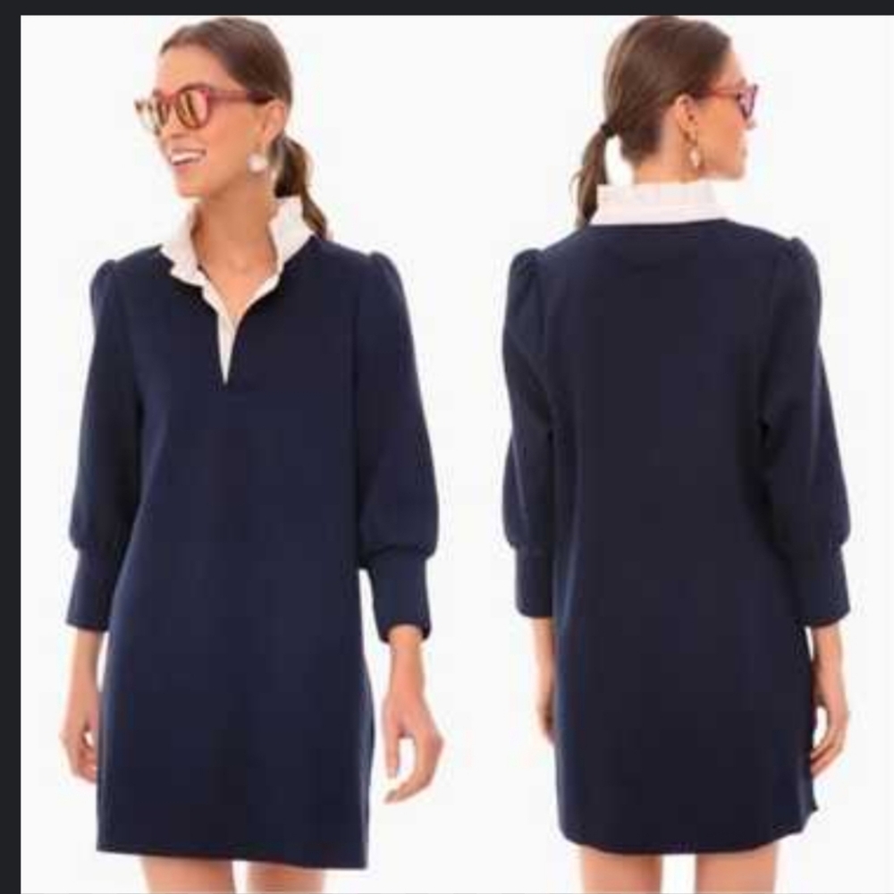 Pompander Place Tuckernuck Charlotte Ruffle Collared Navy Short Preppy Dress